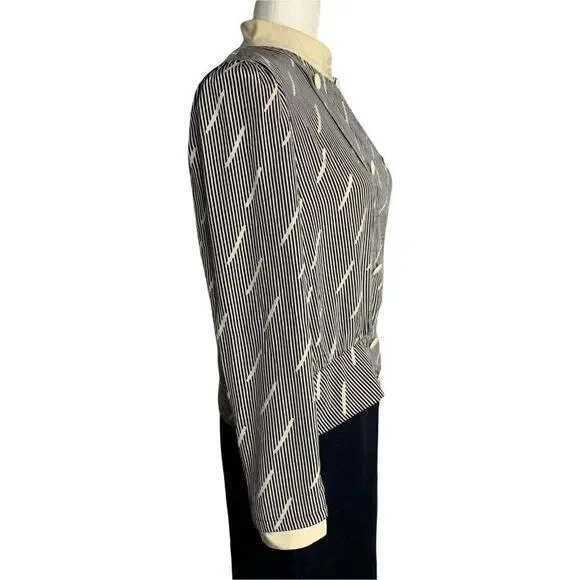 Vintage 80s Louis Feraud Top Skirt Set 12 Navy Blue Linen Silk Stripe - Picture 4 of 9